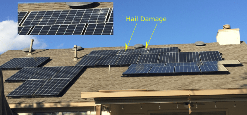 Example of hail damage to solar panel