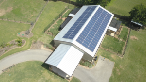 Aerial view of Fayette County Vet Clinic solar system on roof