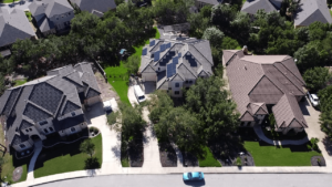 Aerial view of homes with solar panels