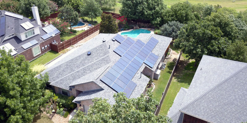 Aerial view of solar panels on house